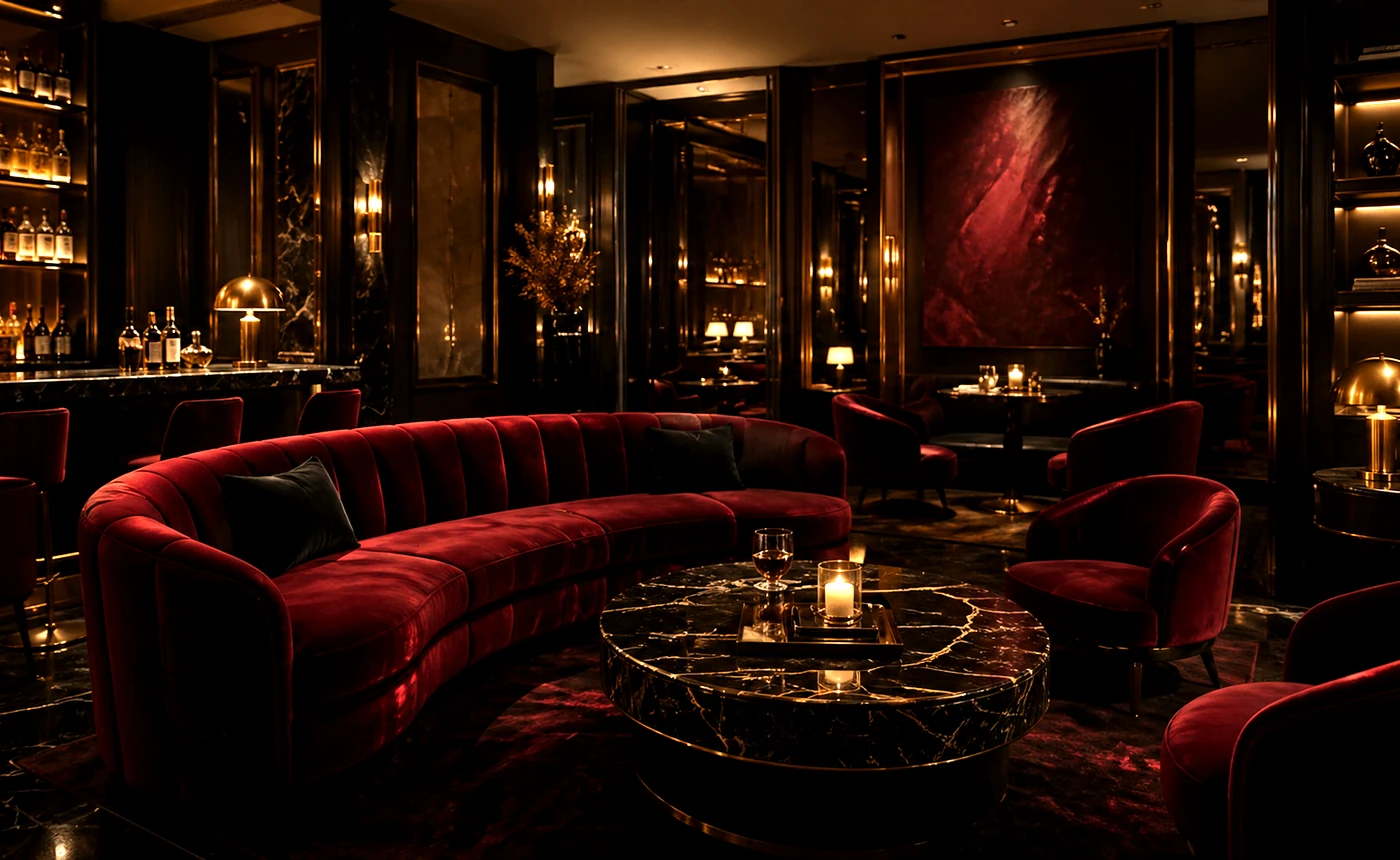 Opulent lounge with velvet and gold accents